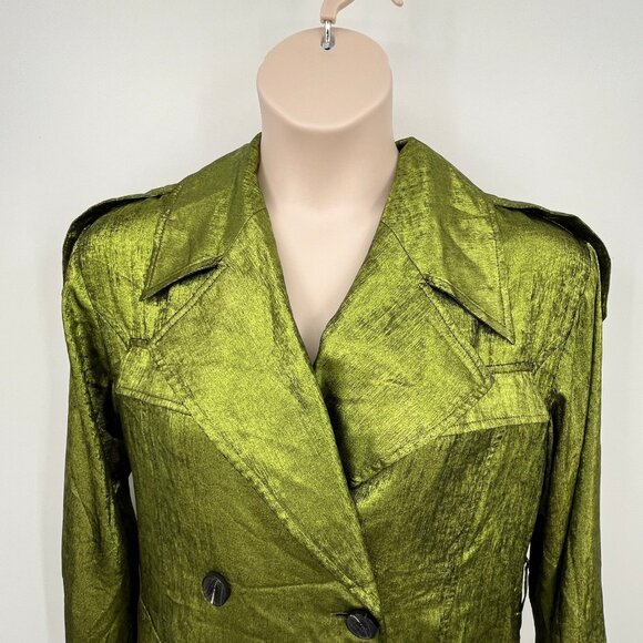 Avec Les Filles Trench Coat Size M Green Crinkle Satin Double Breasted-Flawed - Picture 8 of 15